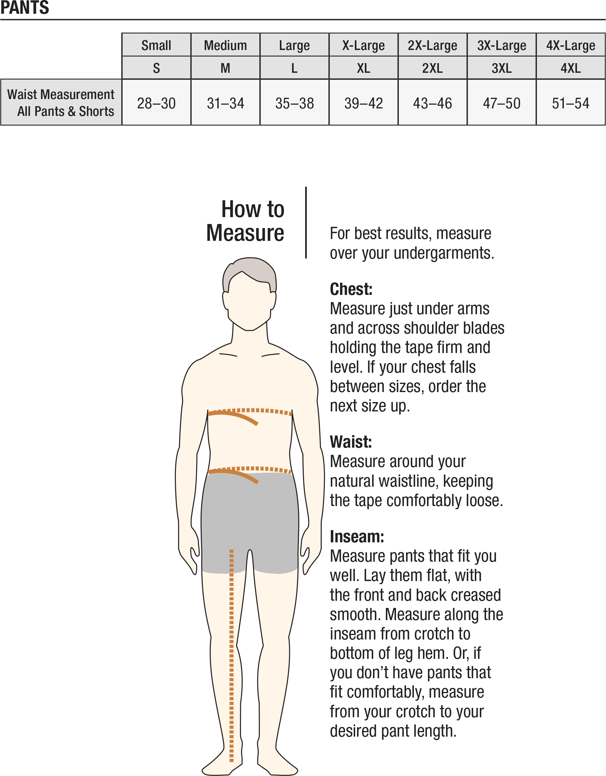 Carhartt pants sizing charts