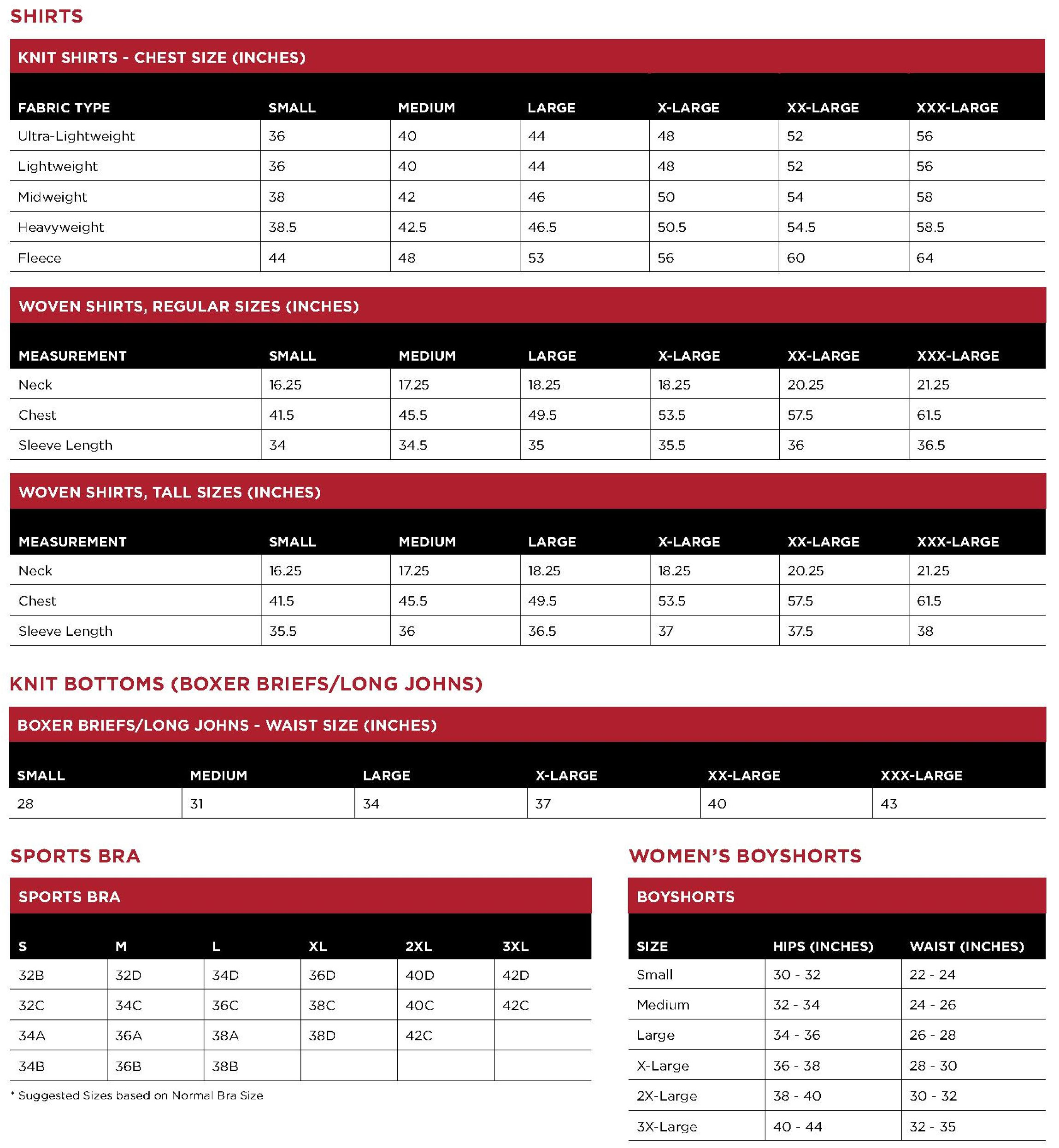 Dri fit pants cheap size chart